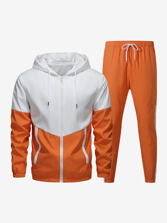 オレンジ メンズ カジュアル スポーツ セット カラーブロック 長袖 フード付きジャケット＆ドローストリングパンツ