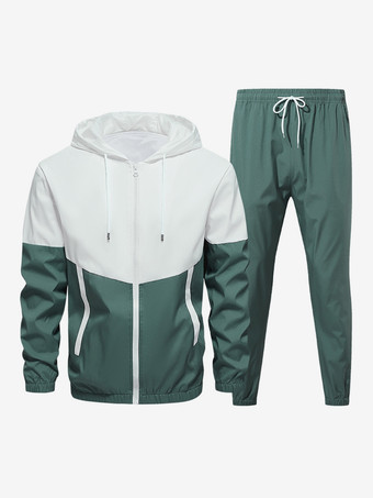 セージグリーンメンズ カジュアル スポーツ セット カラーブロック 長袖 フード付きジャケット＆ドローストリングパンツ