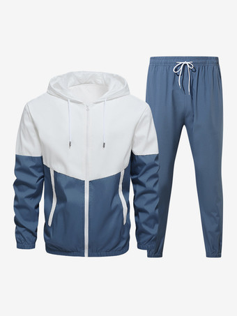 グレーブルーメンズ カジュアル スポーツ セット カラーブロック 長袖 フード付きジャケット＆ドローストリングパンツ