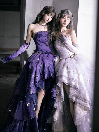 フェアリーロリータドレス スイート ラベンダー ハイロー レースアップ ボウドレス スイート