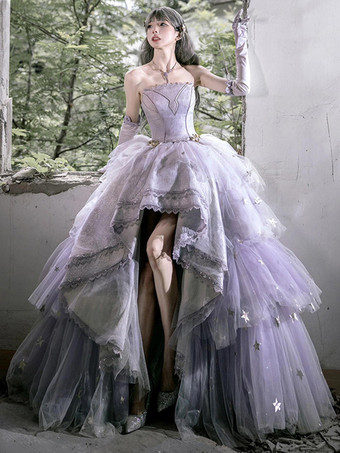 ラベンダーカラーフェアリーロリータドレス スイート ラベンダー ハイロー レースアップ ボウドレス スイート