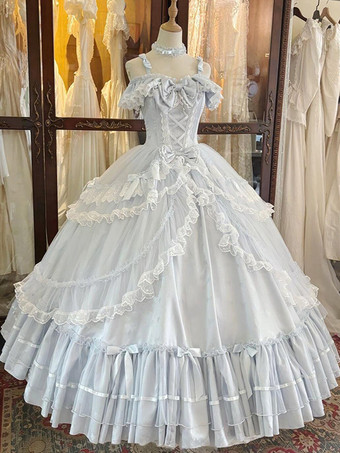 フェアリーロリータドレス スイートライトスカイブルーリボンフリルバンデージティーパーティーロリータドレス