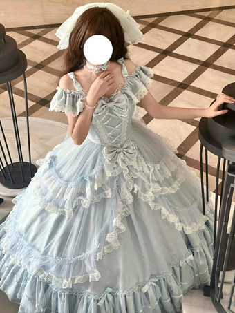 ライトスカイブルーフェアリーロリータドレス スイートライトスカイブルーリボンフリルバンデージティーパーティーロリータドレス