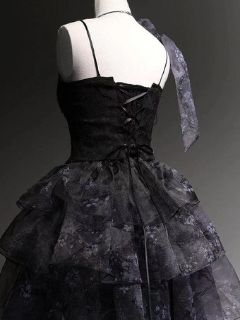 フェアリーロリータドレス ブラック スパゲッティ レース フリル ロリータ ティーパーティードレス