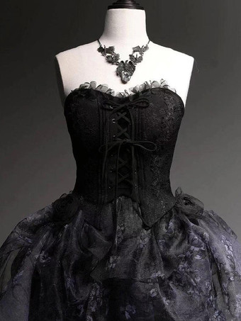 フェアリーロリータドレス ブラック スパゲッティ レース フリル ロリータ ティーパーティードレス