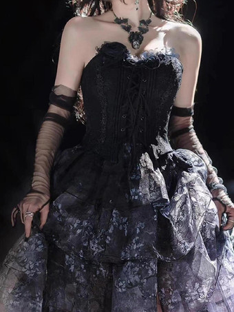 フェアリーロリータドレス ブラック スパゲッティ レース フリル ロリータ ティーパーティードレス