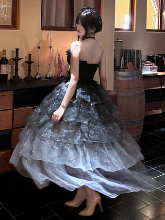 フェアリーロリータドレス ブラック スパゲッティ レース フリル ロリータ ティーパーティードレス