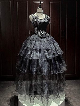 妖精のロリータドレス パープル ブラック フリル コルセット レース リボン バンデージ ロリータドレス