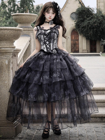 ブラック 妖精のロリータドレス パープル ブラック フリル コルセット レース リボン バンデージ ロリータドレス
