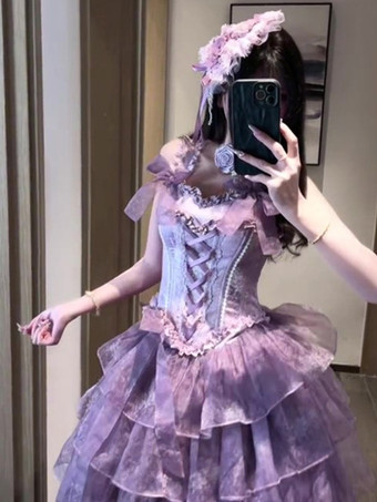 妖精のロリータドレス パープル ブラック フリル コルセット レース リボン バンデージ ロリータドレス