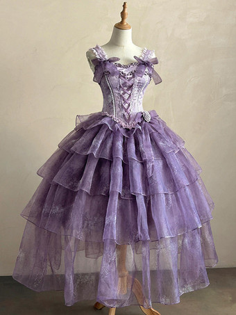 妖精のロリータドレス パープル ブラック フリル コルセット レース リボン バンデージ ロリータドレス