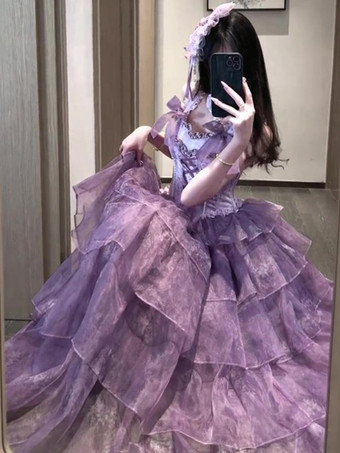 妖精のロリータドレス パープル ブラック フリル コルセット レース リボン バンデージ ロリータドレス