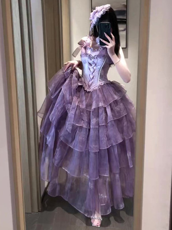 パープル 妖精のロリータドレス パープル ブラック フリル コルセット レース リボン バンデージ ロリータドレス