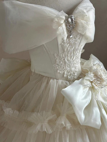 フェアリーロリータドレス シャンパンフロントリボンオフショルダーティーパーティーロリータドレス