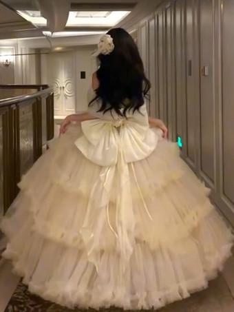 Fairy Lolita Kleider Champagnerfarbenes trägerloses Kleid mit Rüschen und Schleifen Teeparty Lolita Kleid