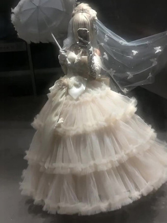 Fairy Lolita Kleider Champagnerfarbenes trägerloses Kleid mit Rüschen und Schleifen Teeparty Lolita Kleid