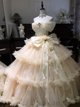 ChampagnerFairy Lolita Kleider Champagnerfarbenes trägerloses Kleid mit Rüschen und Schleifen Teeparty Lolita Kleid