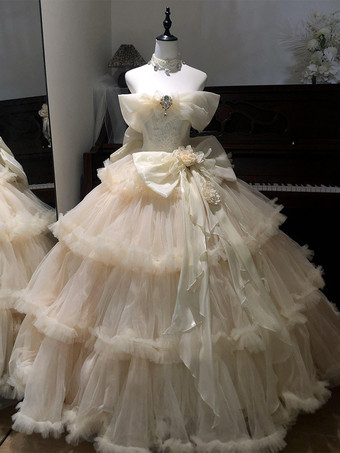 Fairy Lolita Kleider Champagnerfarbenes trägerloses Kleid mit Rüschen und Schleifen Teeparty Lolita Kleid