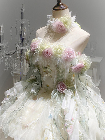 Feen-Lolita-Kleider Lolita-Kleider mit weißen Blumenapplikationen Schleifen und Rüschen süßes Lolita-Kleid
