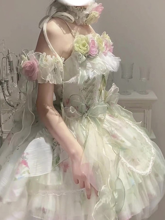 Feen-Lolita-Kleider Lolita-Kleider mit weißen Blumenapplikationen Schleifen und Rüschen süßes Lolita-Kleid