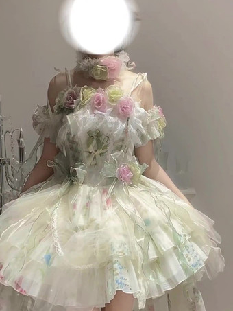 Feen-Lolita-Kleider Lolita-Kleider mit weißen Blumenapplikationen Schleifen und Rüschen süßes Lolita-Kleid