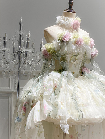 Feen-Lolita-Kleider Lolita-Kleider mit weißen Blumenapplikationen Schleifen und Rüschen süßes Lolita-Kleid