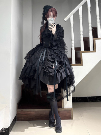 ブラック ゴシック ロリータ ドレス レースアップ ロングスリーブ フリル ゴシック ロリータ ドレス セット