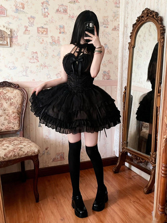 ゴシックブラックロリータドレスマルチレイヤーフリルホルターゴシックドレス