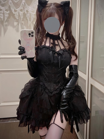 ゴシックブラックロリータドレスマルチレイヤーフリルホルターゴシックドレス
