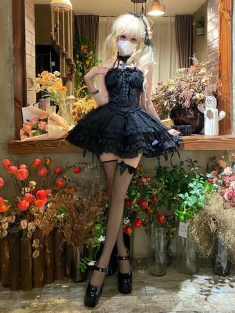 ゴシックブラックロリータドレスマルチレイヤーフリルホルターゴシックドレス