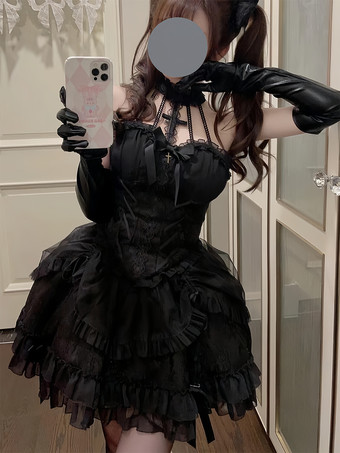 ブラック ゴシックブラックロリータドレスマルチレイヤーフリルホルターゴシックドレス