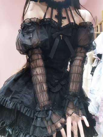 ゴシックブラックロリータドレスマルチレイヤーフリルホルターゴシックドレス