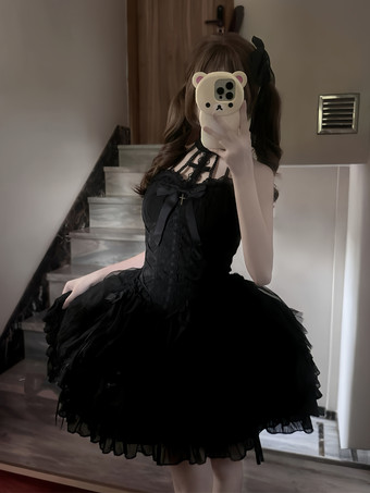 ゴシックブラックロリータドレスマルチレイヤーフリルホルターゴシックドレス