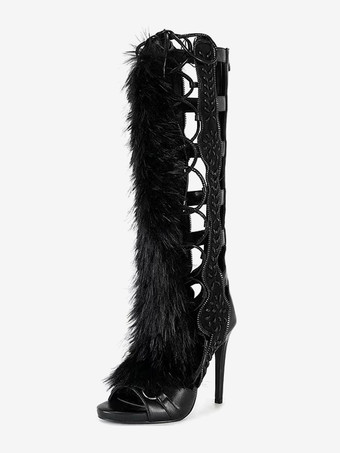 ブラック レディース グラディエーターサンダル フェイクファー オープントゥ レースアップサンダル