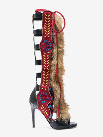 レディース グラディエーターサンダル フェイクファー オープントゥ レースアップサンダル