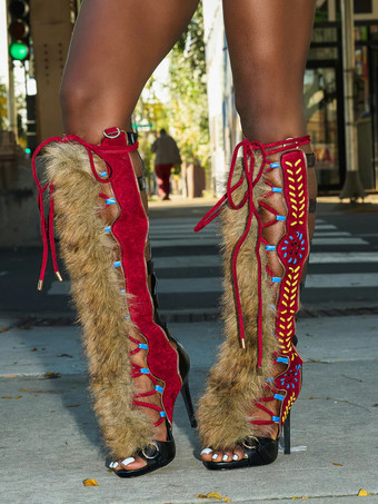 レッド レディース グラディエーターサンダル フェイクファー オープントゥ レースアップサンダル