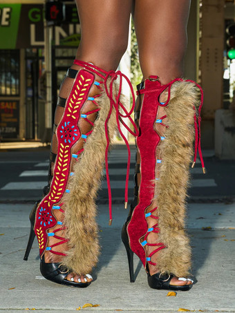 レディース グラディエーターサンダル フェイクファー オープントゥ レースアップサンダル