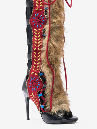 レディース グラディエーターサンダル フェイクファー オープントゥ レースアップサンダル