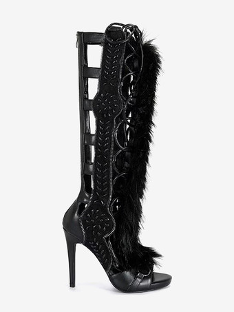 レディース グラディエーターサンダル フェイクファー オープントゥ レースアップサンダル