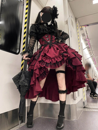 レッド ゴシックロリータスクリットドレスコルセットウエストデザインレッドフリルロリータスカート
