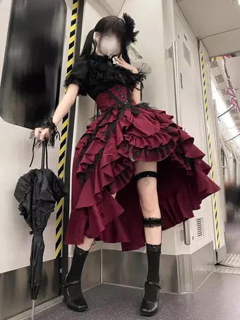 ゴシックロリータスクリットドレスコルセットウエストデザインレッド