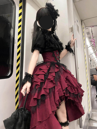ゴシックロリータスクリットドレスコルセットウエストデザインレッドフリルロリータスカート