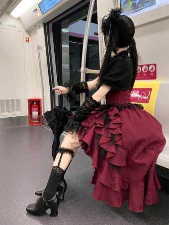 ゴシックロリータスクリットドレスコルセットウエストデザインレッドフリルロリータスカート