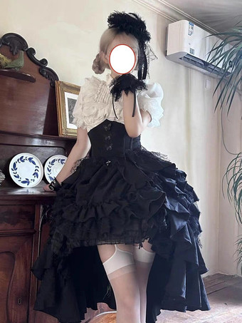 ブラック ゴシックロリータスクリットドレスコルセットウエストデザインレッドフリルロリータスカート