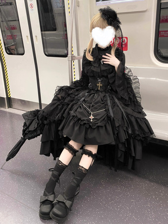 ブラック ゴシック ロリータ ドレス レースアップ ロングスリーブ フリル ゴシック ロリータ ドレス セット