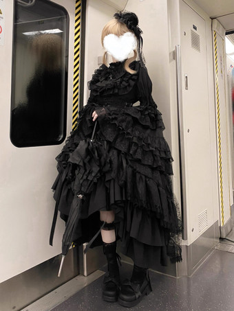 ブラック ゴシック ロリータ ドレス レースアップ ロングスリーブ フリル ゴシック ロリータ ドレス セット