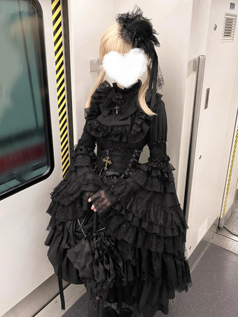ブラック ゴシック ロリータ ドレス レースアップ ロングスリーブ フリル ゴシック ロリータ ドレス セット