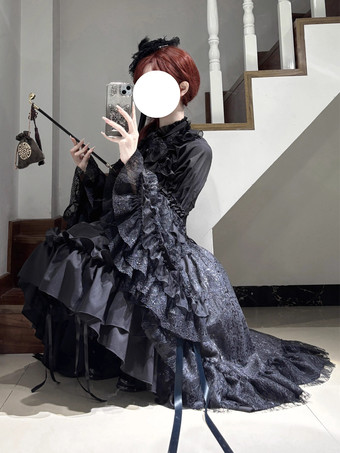 ブラック ゴシック ロリータ ドレス レースアップ ロングスリーブ フリル ゴシック ロリータ ドレス セット