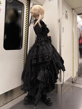 ブラック ゴシック ロリータ ドレス レースアップ ロングスリーブ フリル ゴシック ロリータ ドレス セット