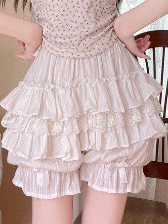 ホワイト ピンクのロリータレイヤードフリルブルマーパンプキンショーツレース伸縮性ウエストロリータペティパンツ
